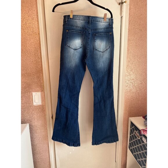 Distressed Blue Flared Jeans Medium M Stretch Denim Casual Womens Pants - Picture 4 of 5
